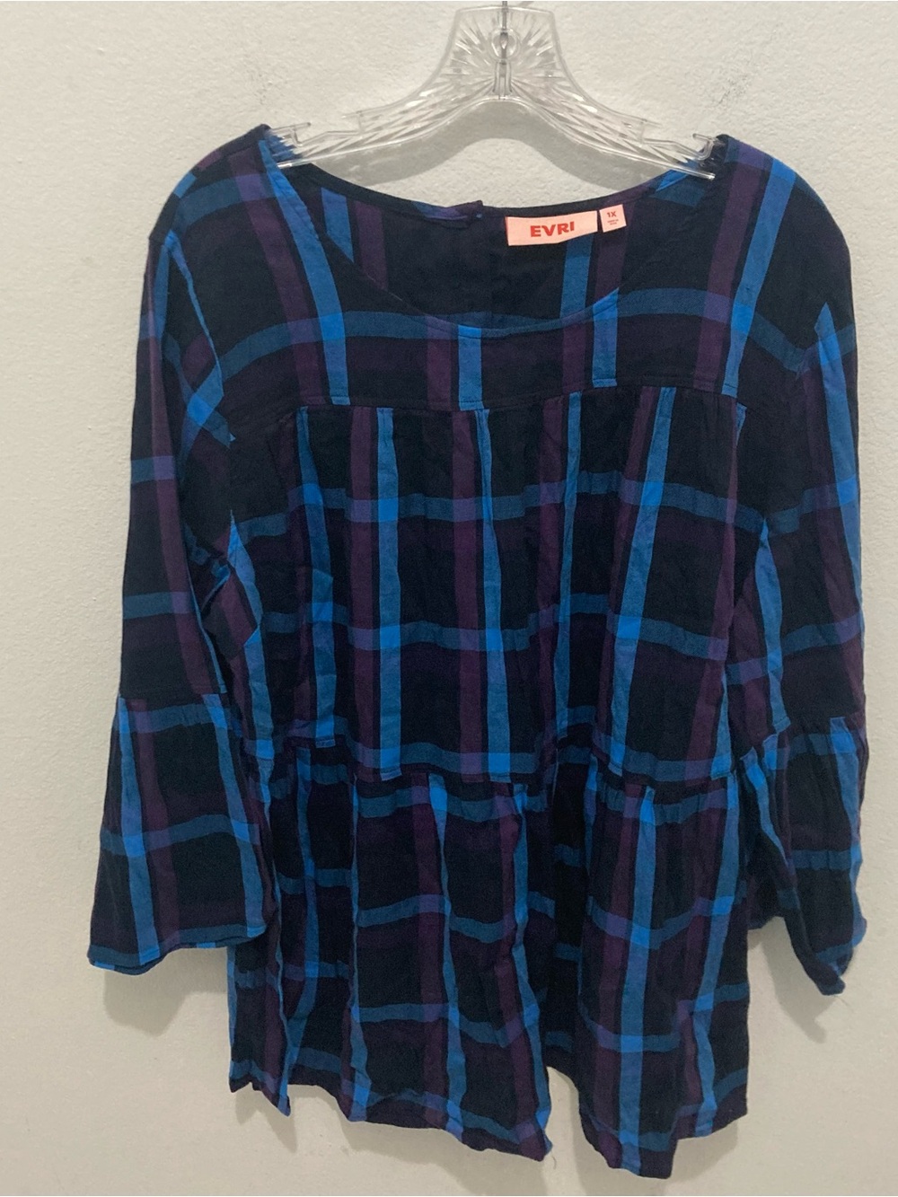 Evri Black Purple Blue Plaid Scoop Neck Flared Sleeve Empire Waist Top 1X